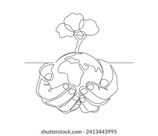 Continuous single line sketch drawing of palm hand holding earth globe and plant tree save world environment. One line art of protect nature ecology earth care world day vector illustration