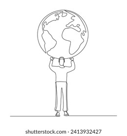 Continuous single line sketch drawing of  happy man holding earth globe save world environment. One line art of protect earth care world day vector illustration