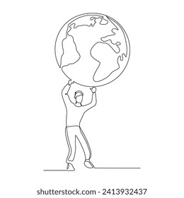 El dibujo de una línea continua de un hombre feliz que sostiene el globo terrestre salva el medio ambiente mundial. Una línea de arte de proteger el cuidado de la tierra ilustración vectorial del día mundial