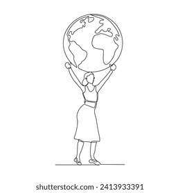  El dibujo continuo de una sola línea de una mujer feliz que sostiene el mundo entero salva el medio ambiente mundial. Una línea de arte de proteger el cuidado de la tierra ilustración vectorial del día mundial