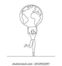  Continuous single line sketch drawing of happy woman holding earth globe save world environment. One line art of protect earth care world day vector illustration