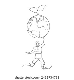 Continuous single line sketch drawing of happy man holding earth globe and plant tree save world environment. One line art of protect nature ecology earth care world day vector illustration
