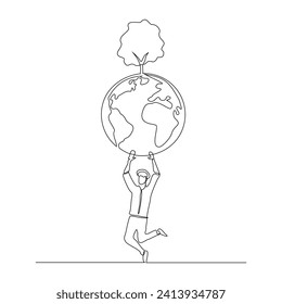 Continuous single line sketch drawing of happy man holding earth globe and plant tree save world environment. One line art of protect nature ecology earth care world day vector illustration