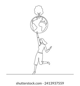 Un dibujo continuo de una sola línea de una mujer feliz sosteniendo el globo terrestre y plantando árboles para salvar el medio ambiente mundial. Una línea de arte de proteger ecología de la naturaleza cuidado de la tierra ilustración vectorial del día mundial