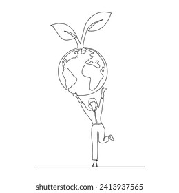 Continuous single line sketch drawing of happy woman holding earth globe and plant tree save world environment. One line art of protect nature ecology earth care world day vector illustration