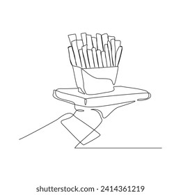 Continuous single line sketch drawing of hand holdinf food tray french fries potato chips. One line art of junkfood snack complementary food vector illustration