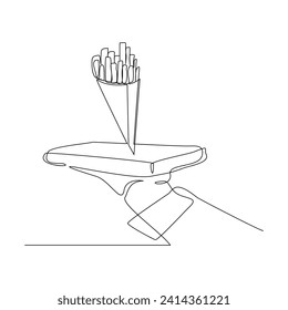 Continuous single line sketch drawing of hand holdinf food tray french fries potato chips. One line art of junkfood snack complementary food vector illustration