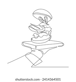 Continuous single line sketch drawing of hand holding food tray cheese hamburger. One line art of junkfood snack meal food vector illustration