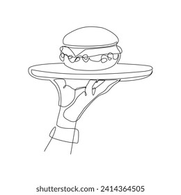 Continuous single line sketch drawing of hand holding food tray cheese hamburger. One line art of junkfood snack meal food vector illustration