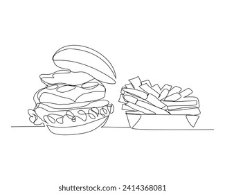 Continuous single line sketch drawing of cheese beef hamburger and potato chips french fries. One line art of junkfood snack meal food vector illustration