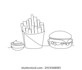 Esbozo continuo de una sola línea de dibujo de hamburguesa de carne de queso y papas fritas fritas. Una línea de arte de comida chatarra de comida de comida de comida de comida de comida de comida de comida de comida de comida de comida de comida rápida ilustración vectorial