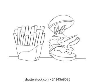 Continuous single line sketch drawing of cheese beef hamburger and potato chips french fries. One line art of junkfood snack meal food vector illustration