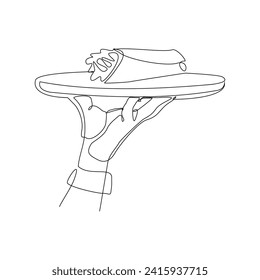 Esbozo continuo de una sola línea de dibujo de la mano de la camarera sosteniendo la bandeja con carne de burrito de kebab shawarma. Una línea de arte de un delicioso restaurante de comida rápida sirviendo ilustración vectorial