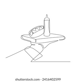 Esbozo continuo de una sola línea de dibujo de la mano de la mesera sosteniendo la bandeja con carne de pan de mostaza de salchicha de perro caliente. Una línea de arte de un delicioso restaurante de comida rápida sirviendo ilustración vectorial
