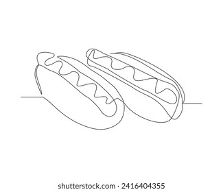 Continuous single line sketch drawing of hot dog sausage mustard bread meat. One line art of delicious meal fast food restaurant serving vector illustration