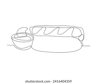 Continuous single line sketch drawing of hot dog sausage mustard bread meat. One line art of delicious meal fast food restaurant serving vector illustration