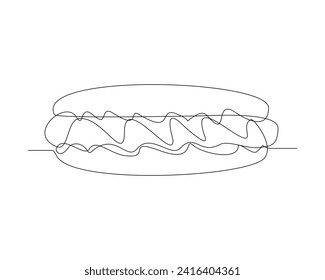 Continuous single line sketch drawing of hot dog sausage mustard bread meat. One line art of delicious meal fast food restaurant serving vector illustration