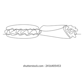 Esbozo continuo de una sola línea dibujando shawarma kebab burrito y salchicha de perro caliente mostaza carne de pan. Una línea de arte de un delicioso restaurante de comida rápida sirviendo ilustración vectorial