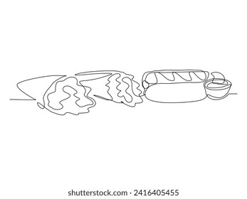 Continuous single line sketch drawing shawarma kebab burrito and hot dog sausage mustard bread meat. One line art of delicious meal fast food restaurant serving vector illustration