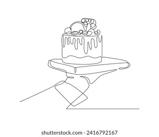 Continuous single line sketch drawing of waitress hand holding tray with birthday tart cake. One line art of delicious dessert bread cake surprise decoration hand serving vector illustration