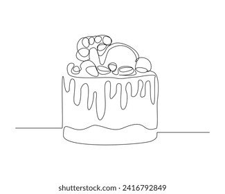 Continuous single line sketch drawing of birthday tart cake. One line art of delicious dessert bread cake surprise decoration happy day vector illustration