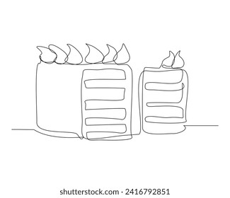 Continuous single line sketch drawing of birthday tart cake. One line art of delicious dessert bread cake surprise decoration happy day vector illustration