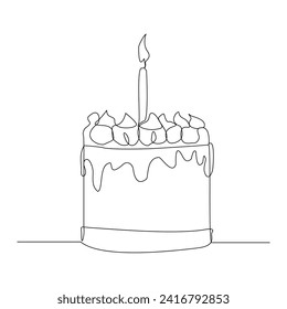 Continuous single line sketch drawing of birthday tart cake. One line art of delicious dessert bread cake surprise decoration happy day vector illustration