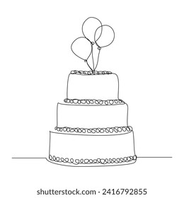 Continuous single line sketch drawing of birthday tart cake. One line art of delicious dessert bread cake surprise decoration happy day vector illustration