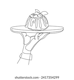 Continuous single line sketch drawing of hand holding food tray panna cotta pudding jelly italian. One line art of dessert food snack meal food vector illustration