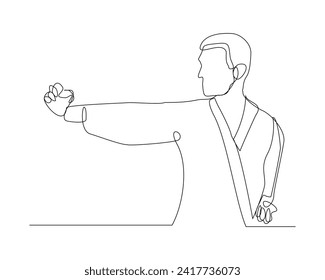 Continuous single line sketch drawing of young man confident karateka in kimono practicing karate combat. One line traditional martial art sport training concept Vector illustration