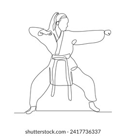 Continuous single line sketch drawing of young woman confident karateka in kimono practicing karate combat. One line traditional martial art sport training concept Vector illustration