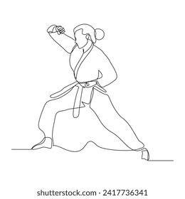 Continuous single line sketch drawing of young woman confident karateka in kimono practicing karate combat. One line traditional martial art sport training concept Vector illustration