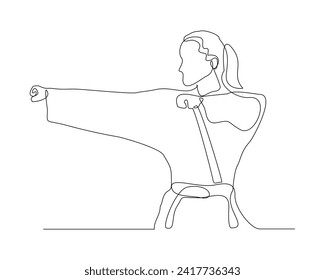 Continuous single line sketch drawing of young woman confident karateka in kimono practicing karate combat. One line traditional martial art sport training concept Vector illustration