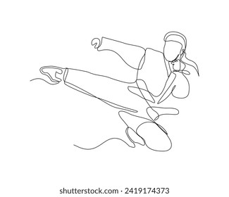 Continuous single line sketch drawing of young woman confident karateka in kimono practicing karate kick combat. One line traditional martial art sport training concept Vector illustration