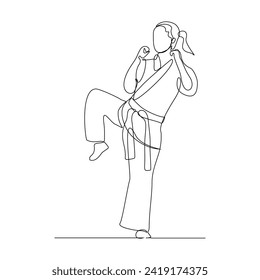 Continuous single line sketch drawing of young woman confident karateka in kimono practicing karate kick combat. One line traditional martial art sport training concept Vector illustration