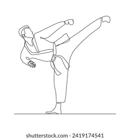 Dibujo continuo de una sola línea de un joven de confianza en karateka en kimono practicando combate de kárate. Concepto de formación en deporte de arte marcial tradicional de una línea Ilustración vectorial