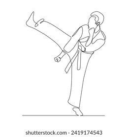 Continuous single line sketch drawing of young man confident karateka in kimono practicing karate kick combat. One line traditional martial art sport training concept Vector illustration