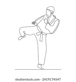 Continuous single line sketch drawing of young man confident karateka in kimono practicing karate kick combat. One line traditional martial art sport training concept Vector illustration