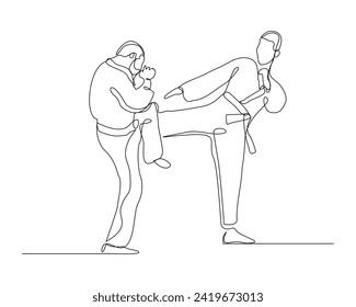 Continuous single line sketch drawing of young two man confident karateka in kimono practicing fight karate combat. One line traditional martial art sport training concept Vector illustration