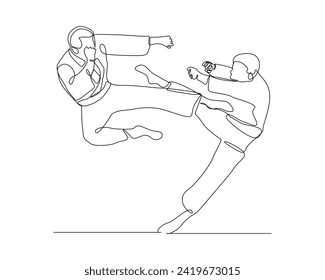 Continuo dibujo de una sola línea de un joven de dos hombres confiados karateka en kimono practicando combate de karate. Concepto de formación en deporte de arte marcial tradicional de una línea Ilustración vectorial