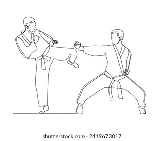 Continuous single line sketch drawing of young two man confident karateka in kimono practicing fight karate combat. One line traditional martial art sport training concept Vector illustration