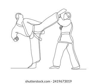 Continuous single line sketch drawing of young two man confident karateka in kimono practicing fight karate combat. One line traditional martial art sport training concept Vector illustration