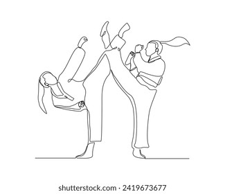 Continuous single line sketch drawing of young two woman confident karateka in kimono practicing fight karate combat. One line traditional martial art sport training concept Vector illustration