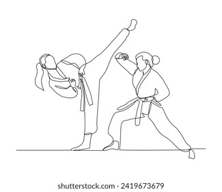 Continuous single line sketch drawing of young two woman confident karateka in kimono practicing fight karate combat. One line traditional martial art sport training concept Vector illustration