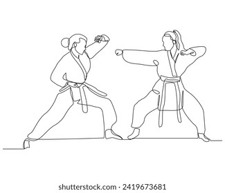 Continuous single line sketch drawing of young two woman confident karateka in kimono practicing fight karate combat. One line traditional martial art sport training concept Vector illustration