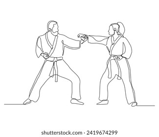 Continuous single line sketch drawing of young man and woman confident karateka in kimono practicing fight karate combat. One line traditional martial art sport training concept Vector illustration