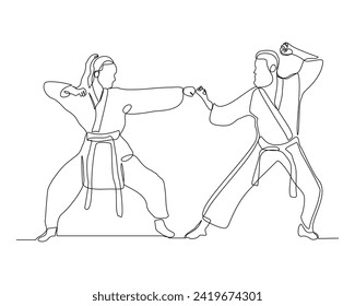 Continuous single line sketch drawing of young man and woman confident karateka in kimono practicing fight karate combat. One line traditional martial art sport training concept Vector illustration