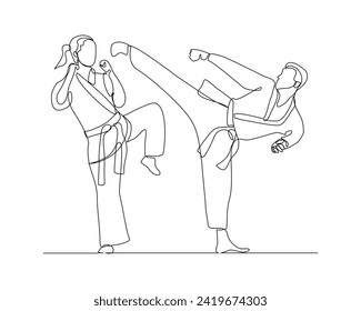 Continuous single line sketch drawing of young man and woman confident karateka in kimono practicing fight karate combat. One line traditional martial art sport training concept Vector illustration