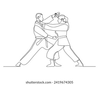 Continuous single line sketch drawing of young man and woman confident karateka in kimono practicing fight karate combat. One line traditional martial art sport training concept Vector illustration