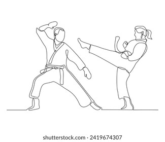 Continuo dibujo de una sola línea de un joven y una mujer confiados karateka en kimono practicando combate de karate. Concepto de formación en deporte de arte marcial tradicional de una línea Ilustración vectorial